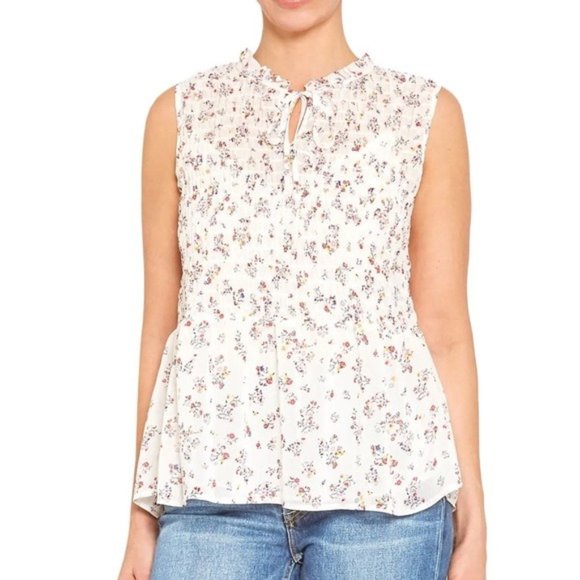 Pleione Tops - Pleione Floral Smocked Peplum Top In Ivory Ditsy Blouse
